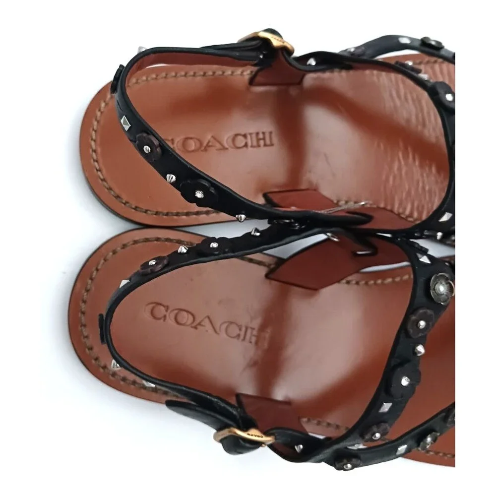 Coach Tea Rose Blk Leather Thong Sandals w Ankle Strap Floral Stud Trim US 10M
